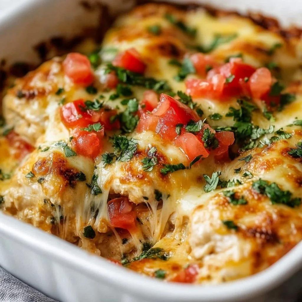 Delicious Chicken Salsa Bake topped with fresh herbs and cheese.
