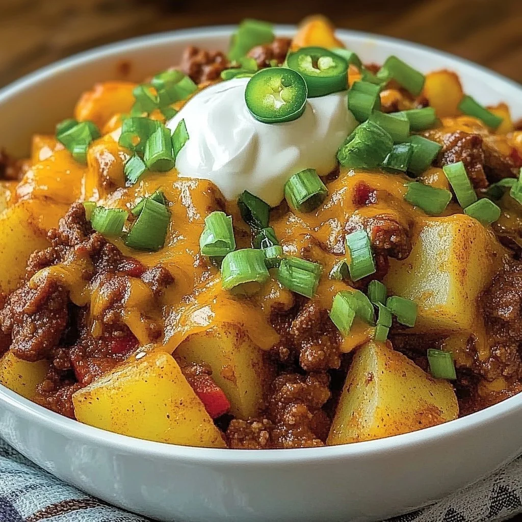 Chili Cheese Potato Skillet with melted cheese and chopped chili peppers