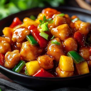 Delicious Chinese Sweet and Sour Chicken served on a platter with vibrant vegetables