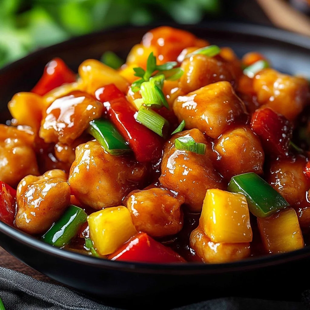 Delicious Chinese Sweet and Sour Chicken served on a platter with vibrant vegetables