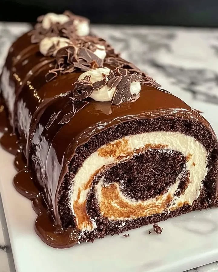 Delicious Chocolate Cake Roll with cream filling on a white plate