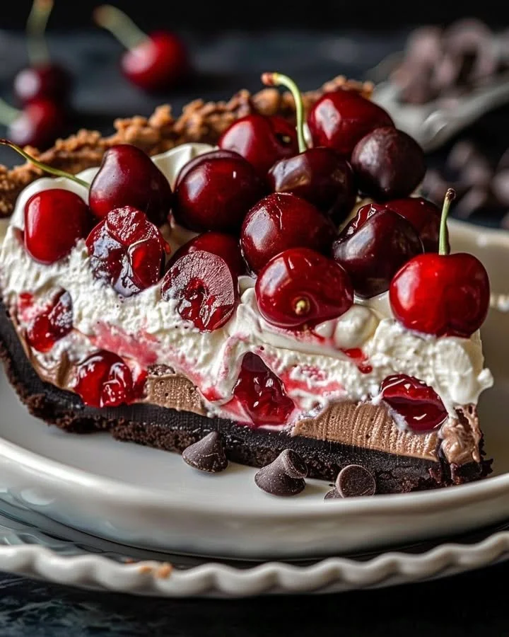 Delicious Chocolate Cherry Cream Pie topped with fresh cherries and whipped cream