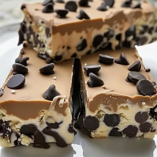 Delicious chocolate chip cookie dough ice cream bars topped with chocolate chips.