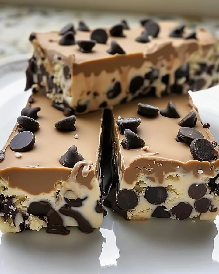 Delicious chocolate chip cookie dough ice cream bars topped with chocolate chips.