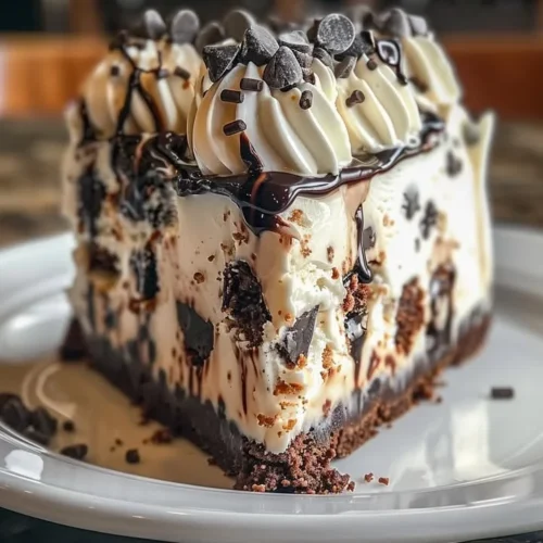 Chocolate Chip Cookie Dough Ice Cream Cake topped with cookie dough chunks