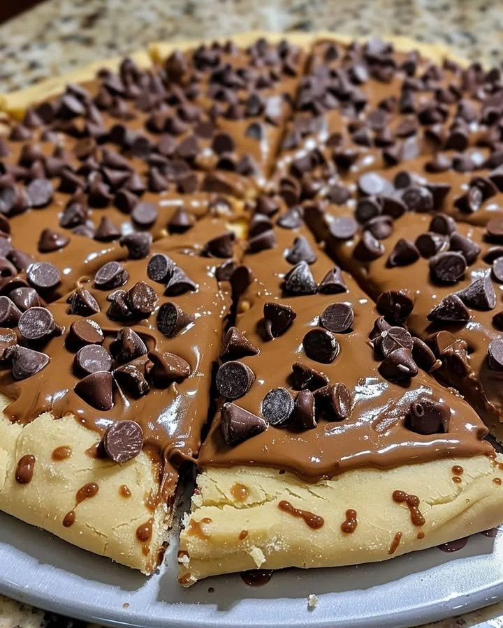 Chocolate Chip Cookie Dough Pizza served hot and fresh with chocolate chips and dough