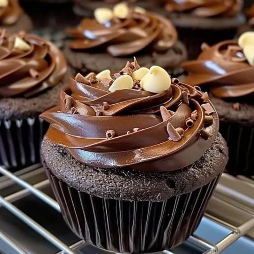 Delicious chocolate fudge cupcakes topped with creamy chocolate frosting