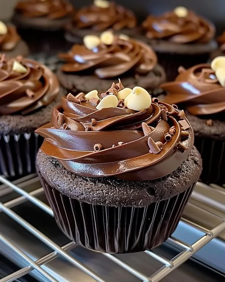 Delicious chocolate fudge cupcakes topped with creamy chocolate frosting