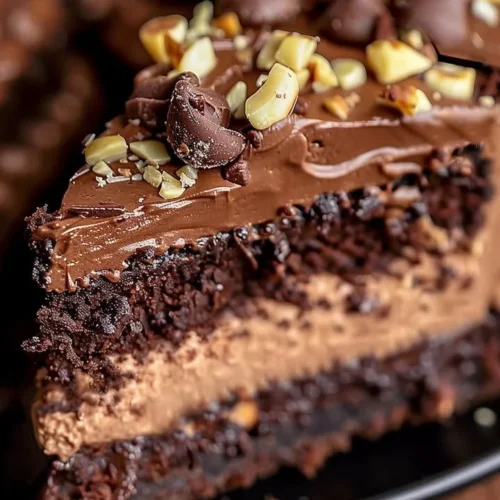 Delicious Chocolate Hazelnut Cheesecake Cake topped with chocolate and hazelnuts