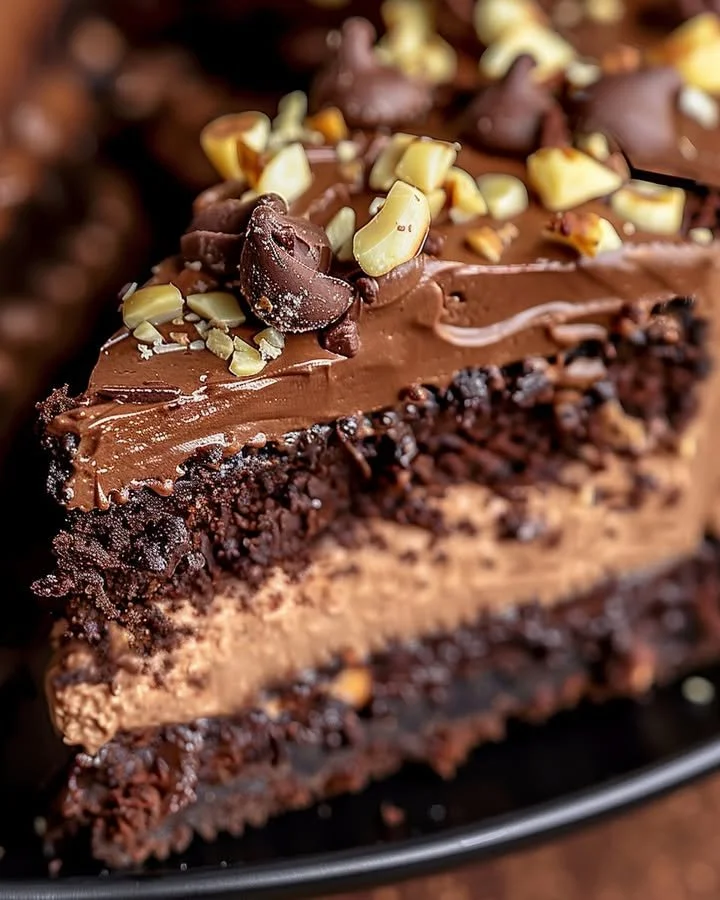 Delicious Chocolate Hazelnut Cheesecake Cake topped with chocolate and hazelnuts