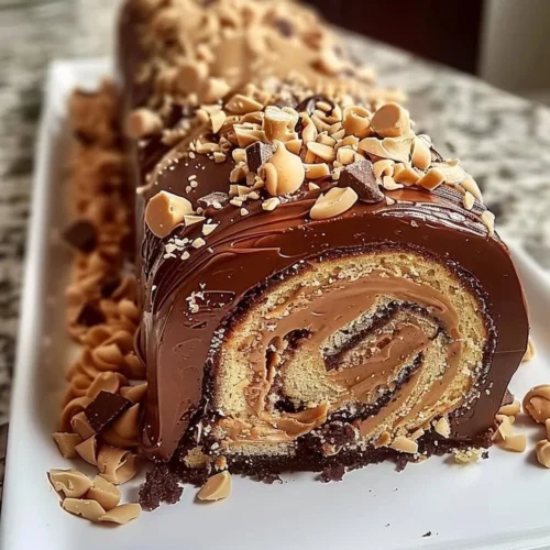 Delicious Chocolate Peanut Butter Cake Roulade topped with chocolate ganache and peanuts.