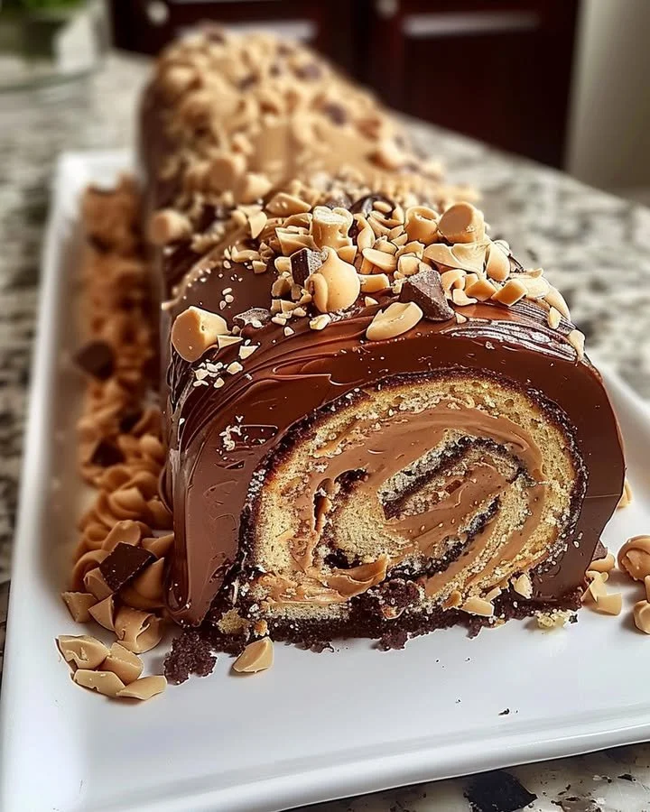 Delicious Chocolate Peanut Butter Cake Roulade topped with chocolate ganache and peanuts.