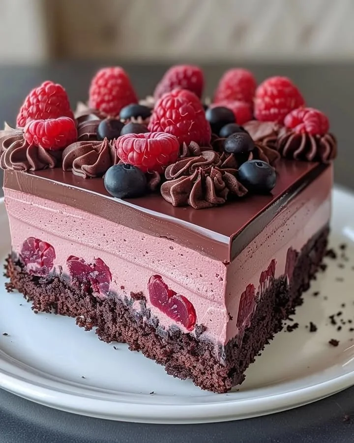 Delicious Chocolate Raspberry Mousse Cake topped with fresh raspberries and chocolate shavings.