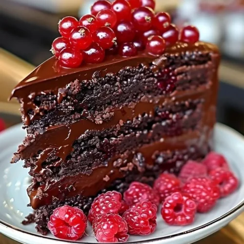 Slice of Chocolate Raspberry Truffle Cake topped with fresh raspberries and chocolate shavings.