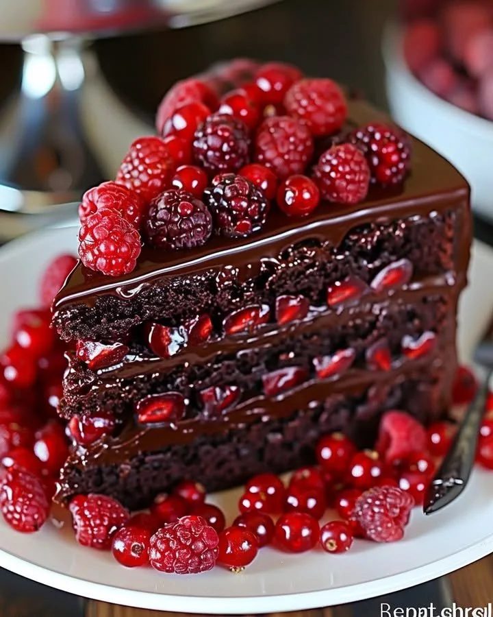 Chocolate Raspberry Truffle Cake with rich chocolate layers and raspberry filling