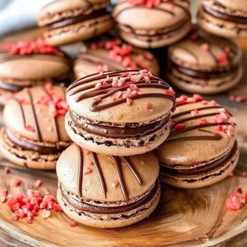 Decadent Chocolate Strawberry Macarons displayed on a decorative plate