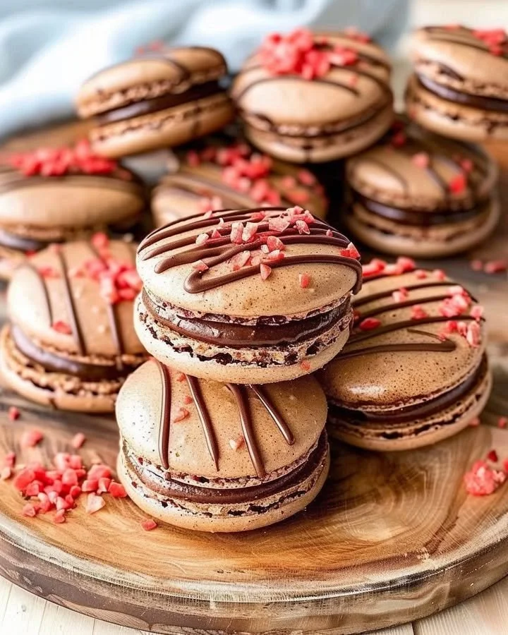 Decadent Chocolate Strawberry Macarons displayed on a decorative plate