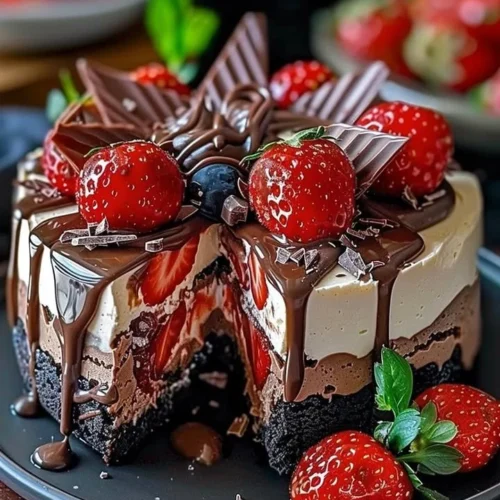 Chocolate strawberry swirl cheesecake with vibrant strawberry topping