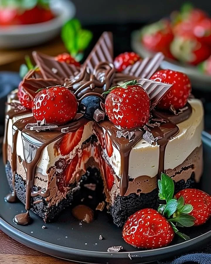 Chocolate strawberry swirl cheesecake with vibrant strawberry topping