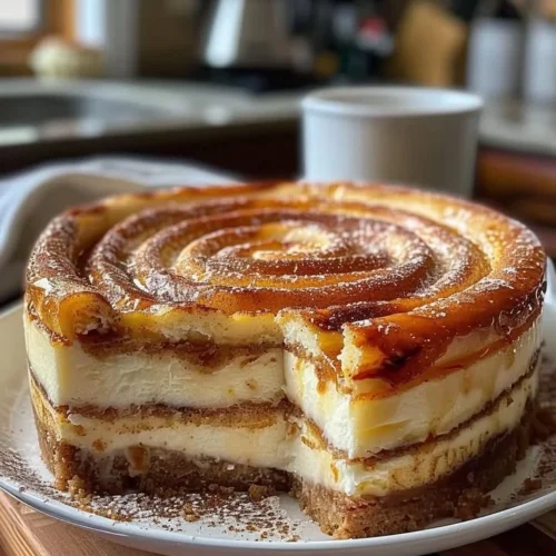 Delicious Cinnamon Roll Honeybun Cheesecake with cinnamon swirls and creamy texture