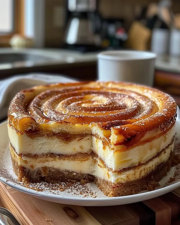 Delicious Cinnamon Roll Honeybun Cheesecake with cinnamon swirls and creamy texture