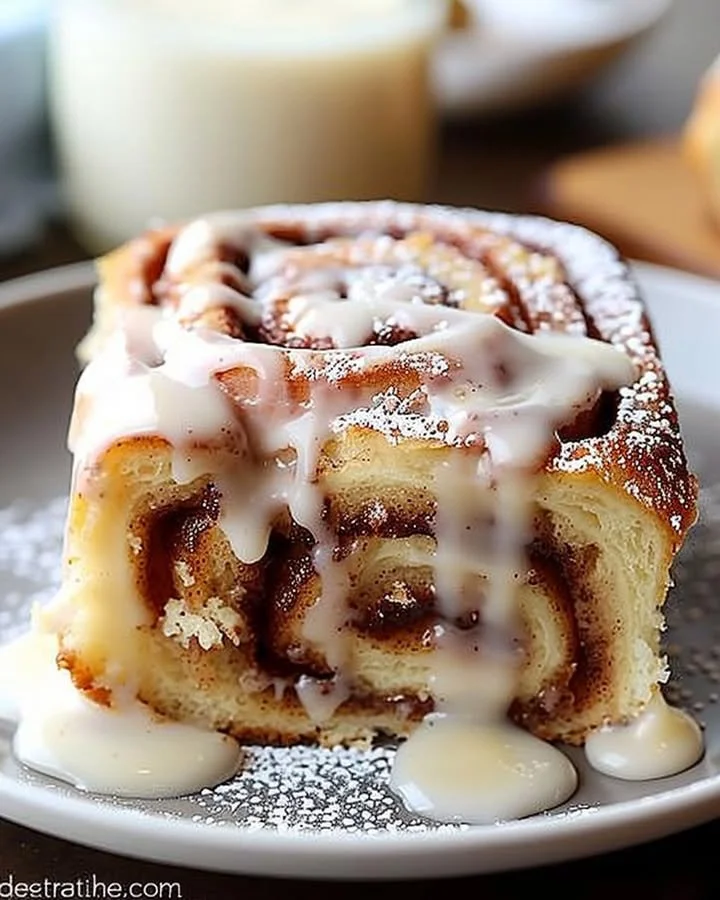 Delicious slice of Cinnamon Roll Poke Cake topped with icing and cinnamon.