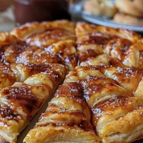 Cinnamon-sugar pizza made with crescent rolls topped with icing.