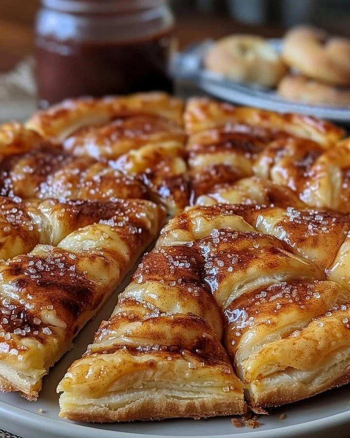 Cinnamon-sugar pizza made with crescent rolls topped with icing.