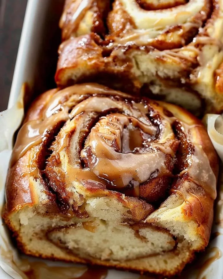 Warm slices of homemade cinnamon swirl quick bread on a wooden table
