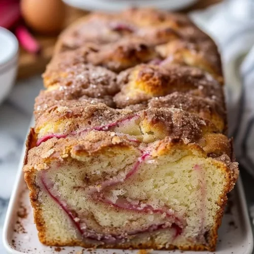 Slice of Cinnamon Swirl Rhubarb Bread on a wooden table