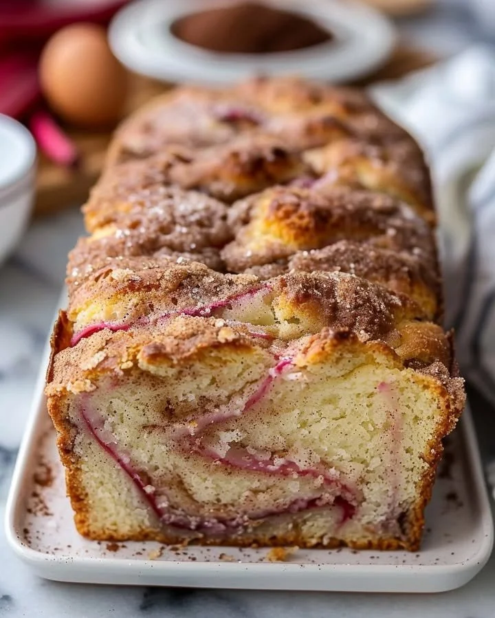 Slice of Cinnamon Swirl Rhubarb Bread on a wooden table