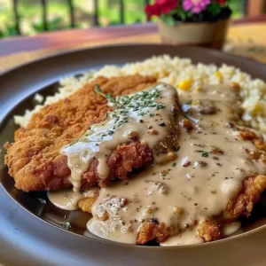 Classic chicken fried steak served with creamy gravy and sides