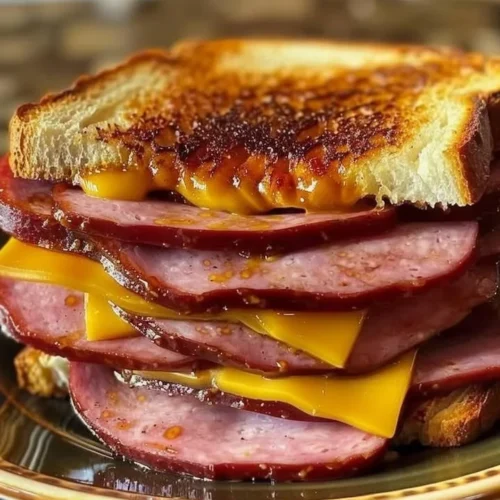 Classic fried bologna sandwich with crispy edges served on a plate.