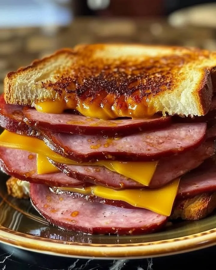 Classic fried bologna sandwich with crispy edges served on a plate.