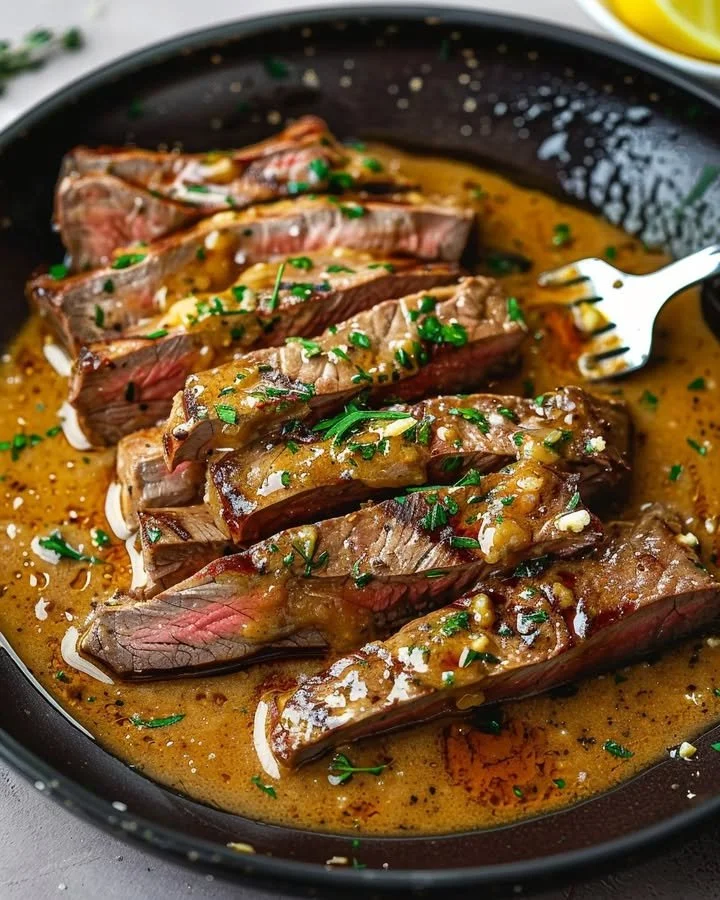 Delicious pan-seared steak garnished with herb butter on a plate
