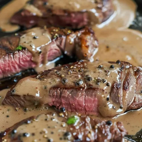 Delicious classic peppercorn steak served with sides
