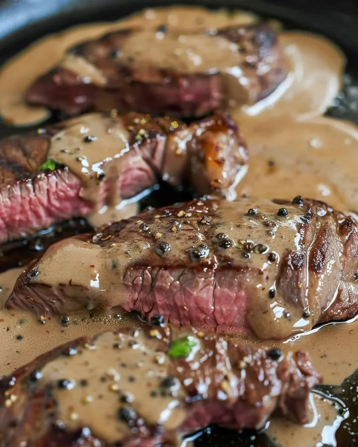 Delicious classic peppercorn steak served with sides