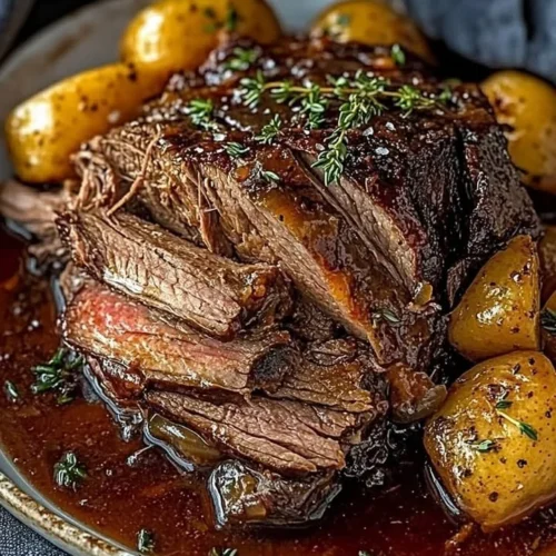 Classic Slow Cooker Pot Roast cooked with vegetables and spices in a crockpot.