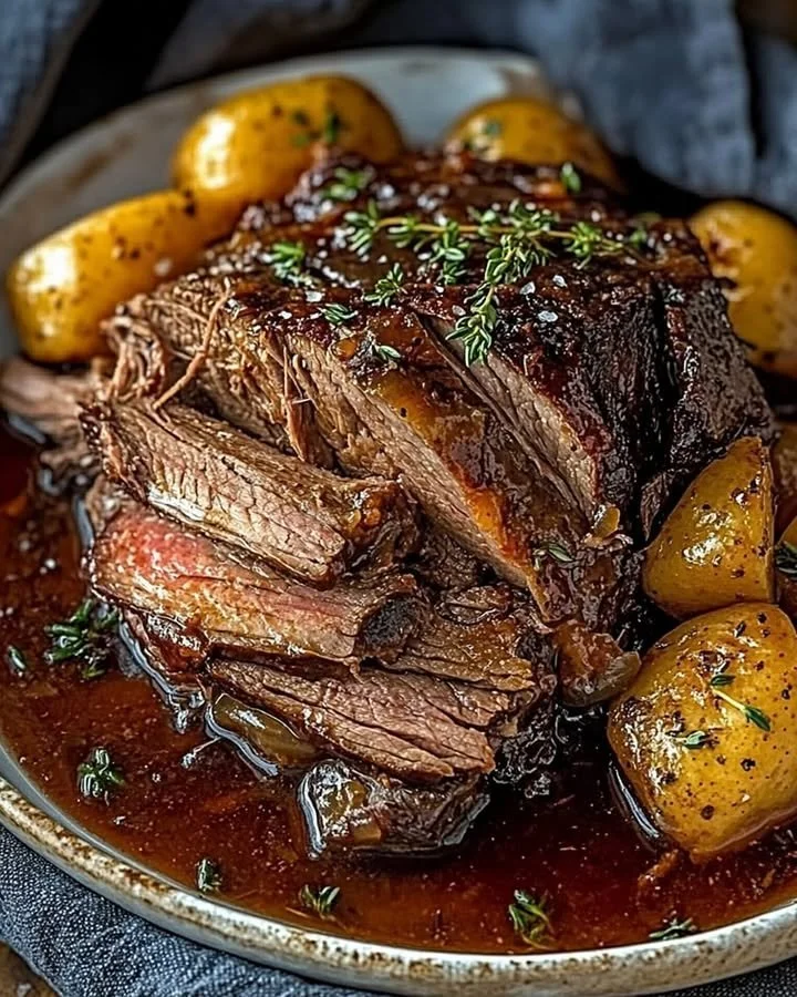 Classic Slow Cooker Pot Roast cooked with vegetables and spices in a crockpot.