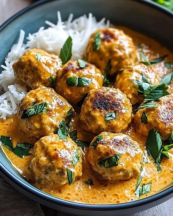 Coconut Chicken Meatballs served with a tropical garnish