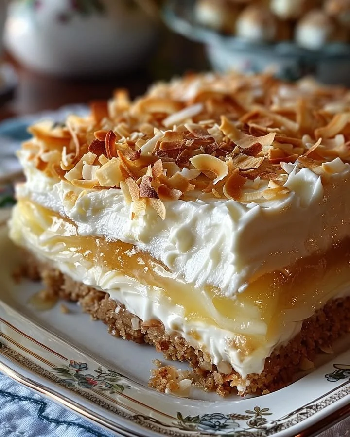 Delicious Coconut Cream Layered Dessert with creamy coconut layers