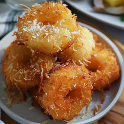 Coconut Pineapple Fritters served with a tropical fruit garnish