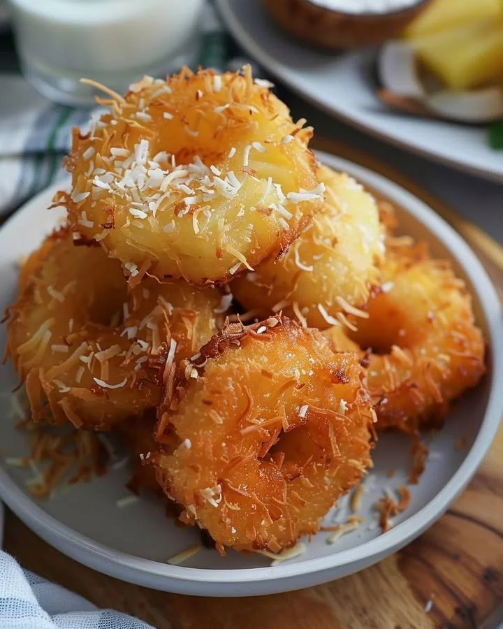 Coconut Pineapple Fritters served with a tropical fruit garnish