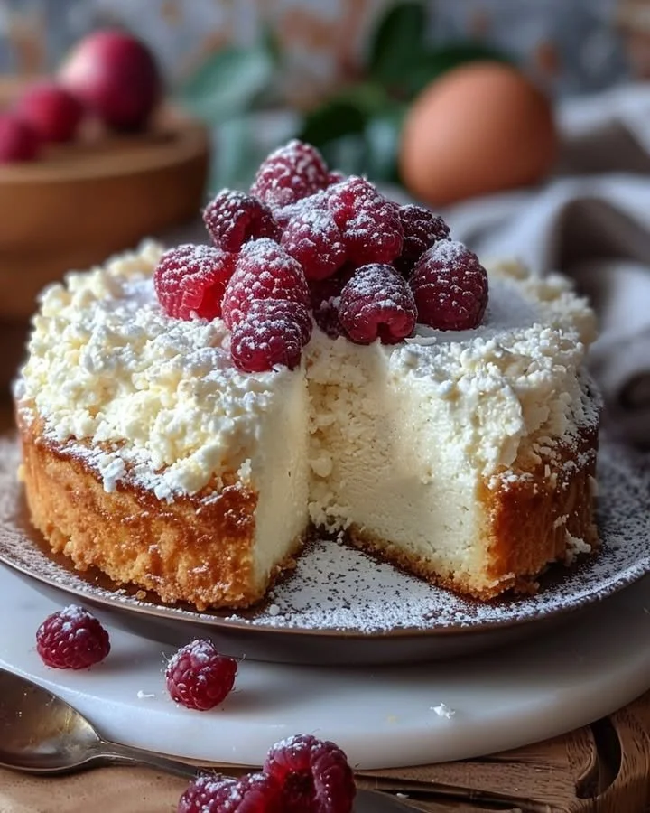 Delicious Coconut Ricotta Cream Cake garnished with fresh coconut flakes.