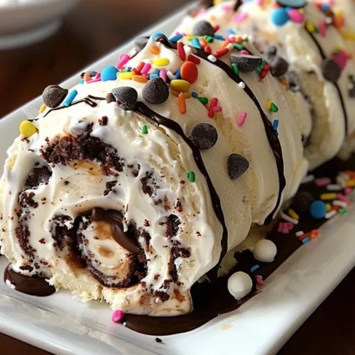 Delicious cookie dough ice cream cake rolls ready to be served.