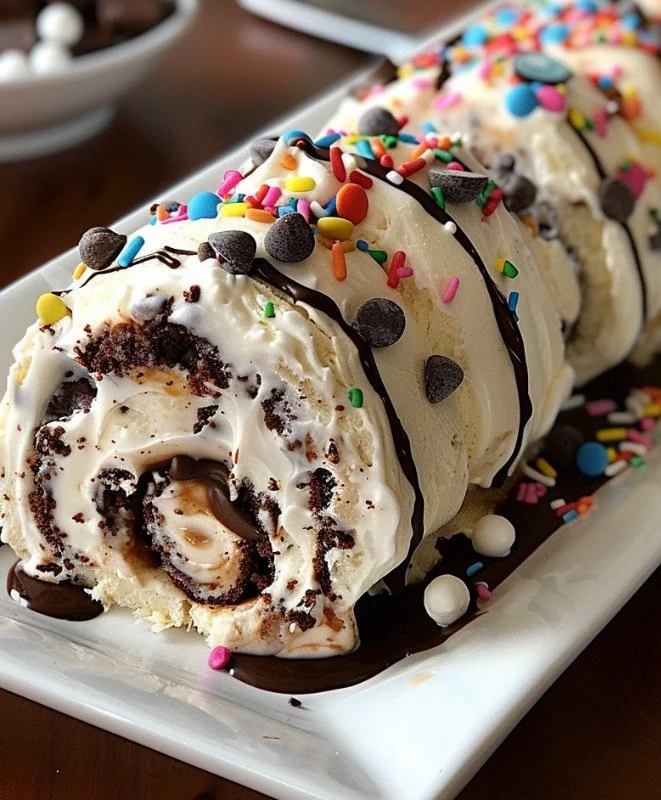 Delicious cookie dough ice cream cake rolls ready to be served.