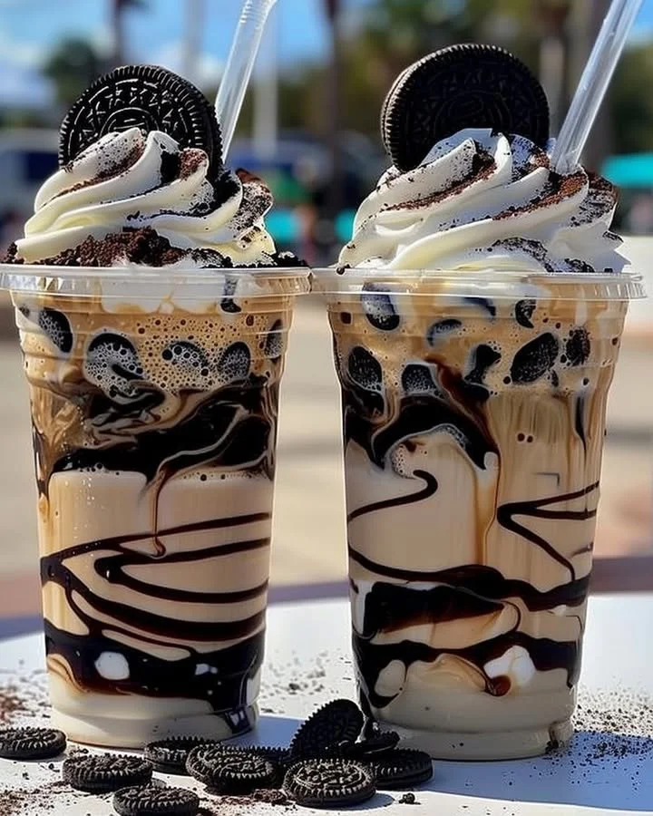Delicious Cookies & Cream Frappuccino served in a glass with a whipped cream topping