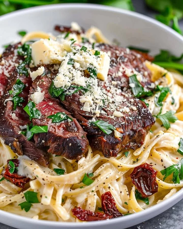Delicious plate of Steak Gorgonzola Alfredo topped with creamy sauce and garnish.
