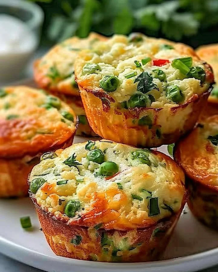 Delicious cottage cheese breakfast muffins served on a wooden plate.
