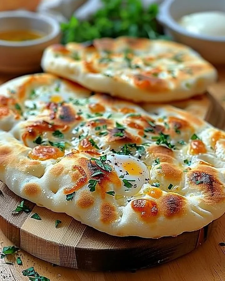 Homemade cottage cheese flatbread served with fresh herbs and vegetables